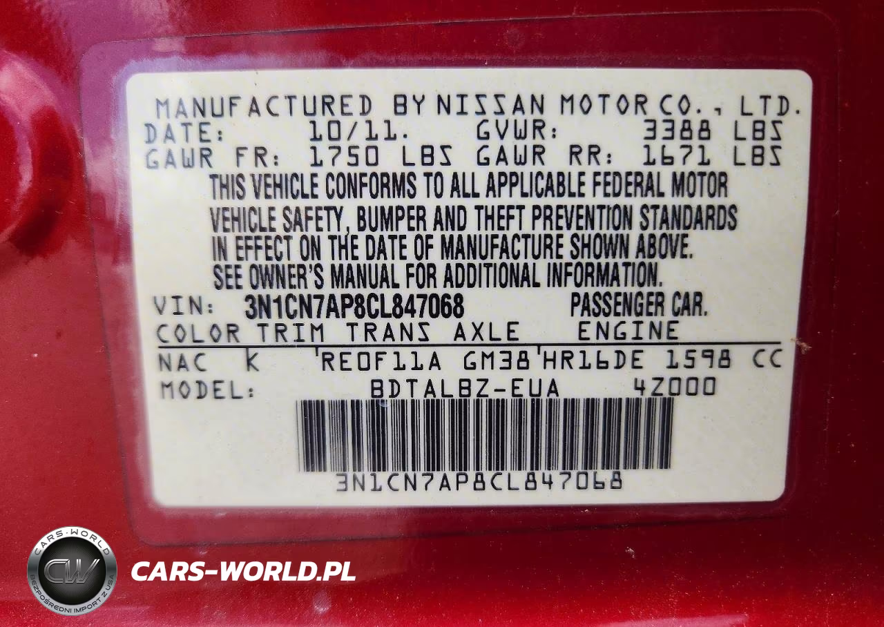 2012 Nissan Versa 1.6 S VIN:3N1CN7AP8CL847068 - 12