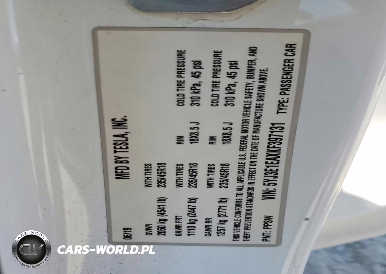 TESLA MODEL 3 VIN:5YJ3E1EAXKF397131 - 12
