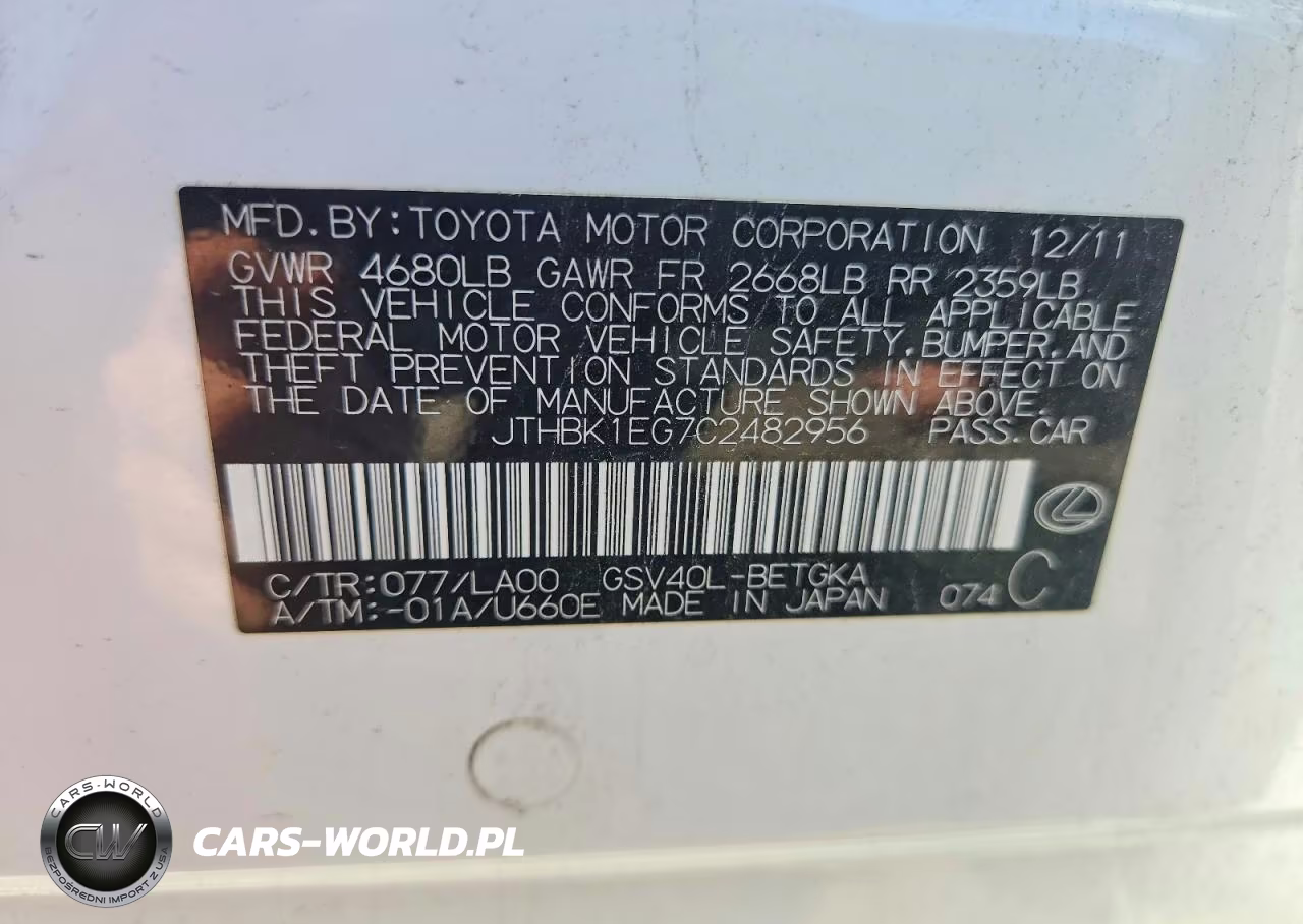 2012 Lexus Es 350 VIN:JTHBK1EG7C2482956 - 13