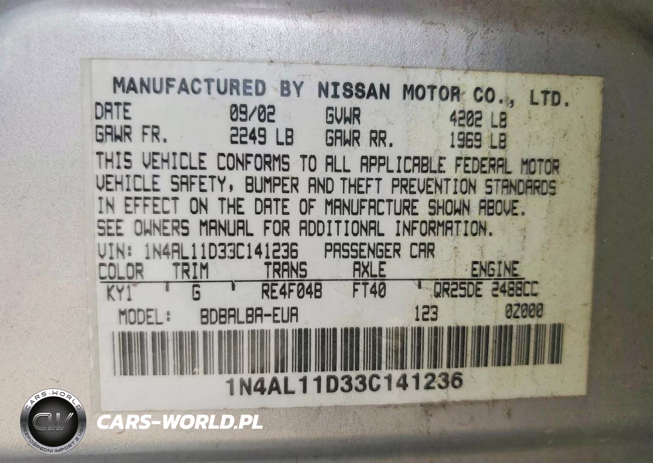 2003 Nissan Altima VIN:1N4AL11D33C141236 - 12