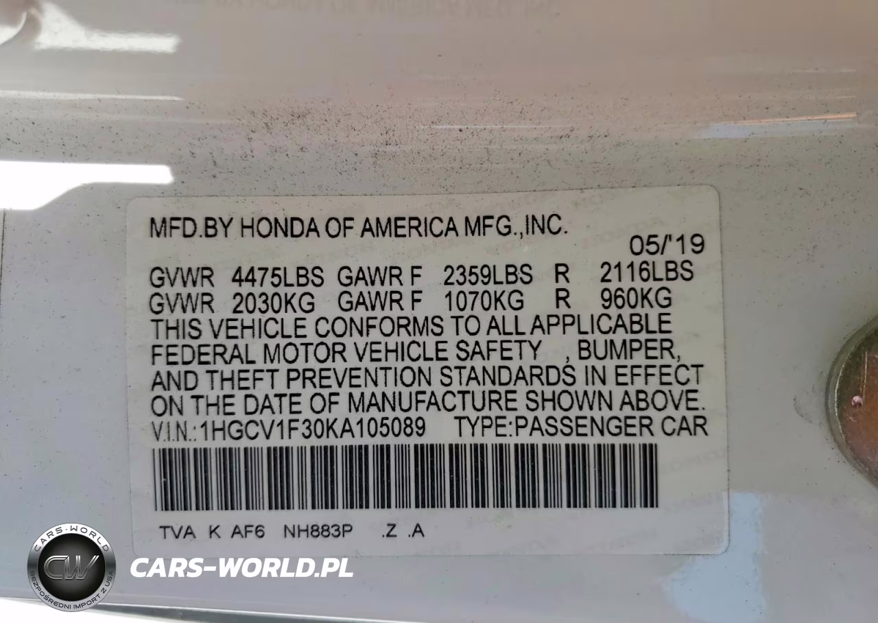 2019 Honda Accord Sport VIN:1HGCV1F30KA105089 - 12