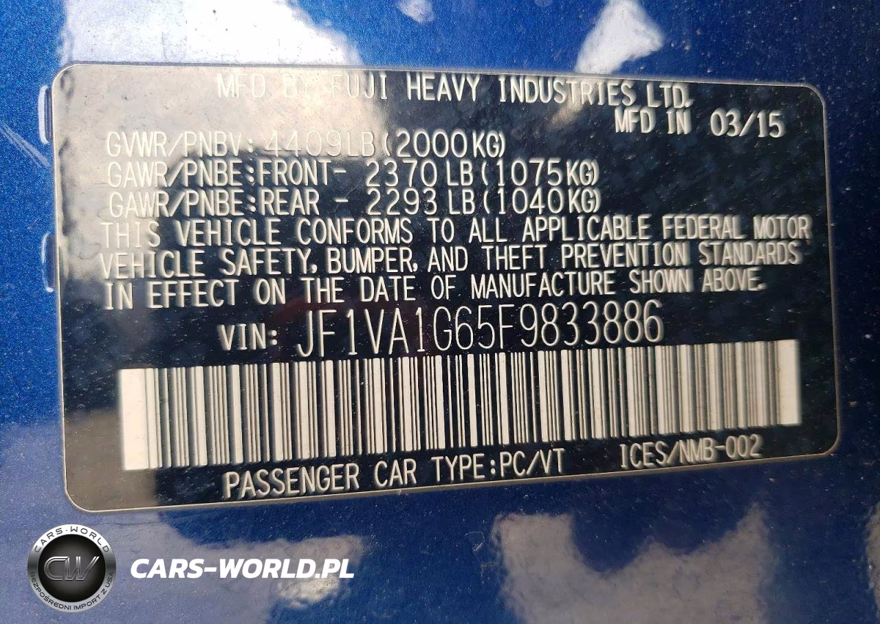 2015 Subaru Wrx Limited VIN:JF1VA1G65F9833886 - 12