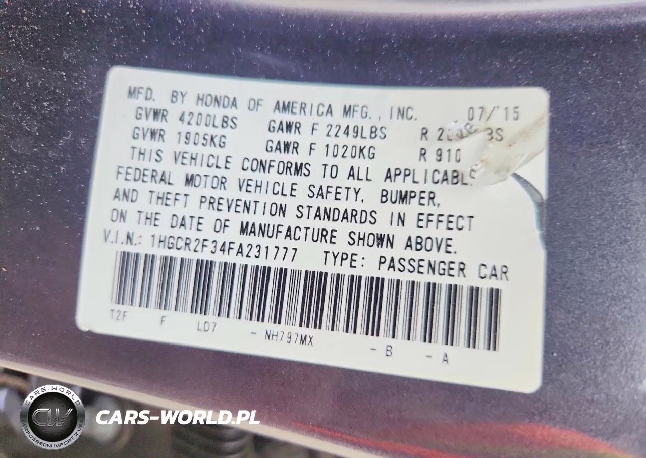 2015 Honda Accord Lx VIN:1HGCR2F34FA231777 - 12