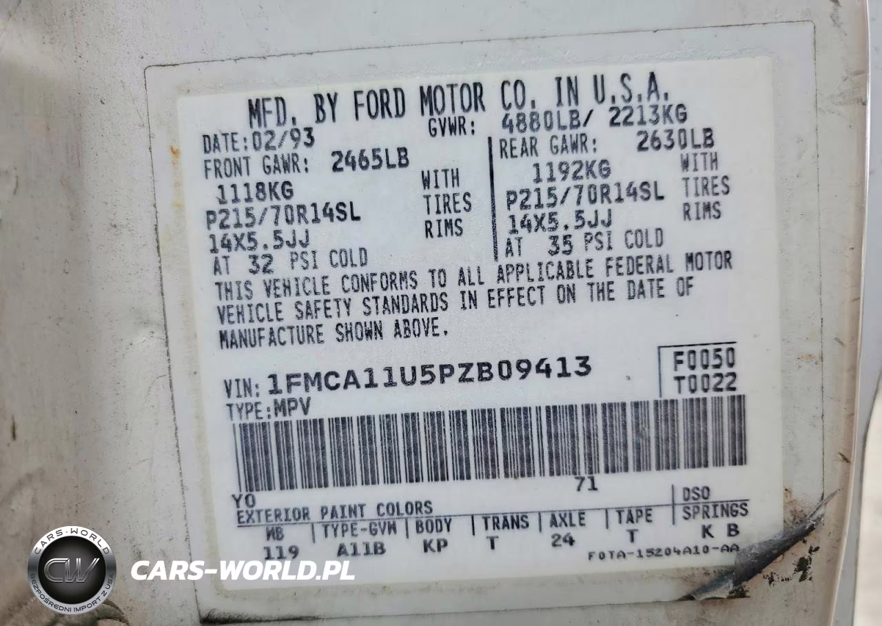 1993 Ford Aerostar VIN:1FMCA11U5PZB09413 - 13