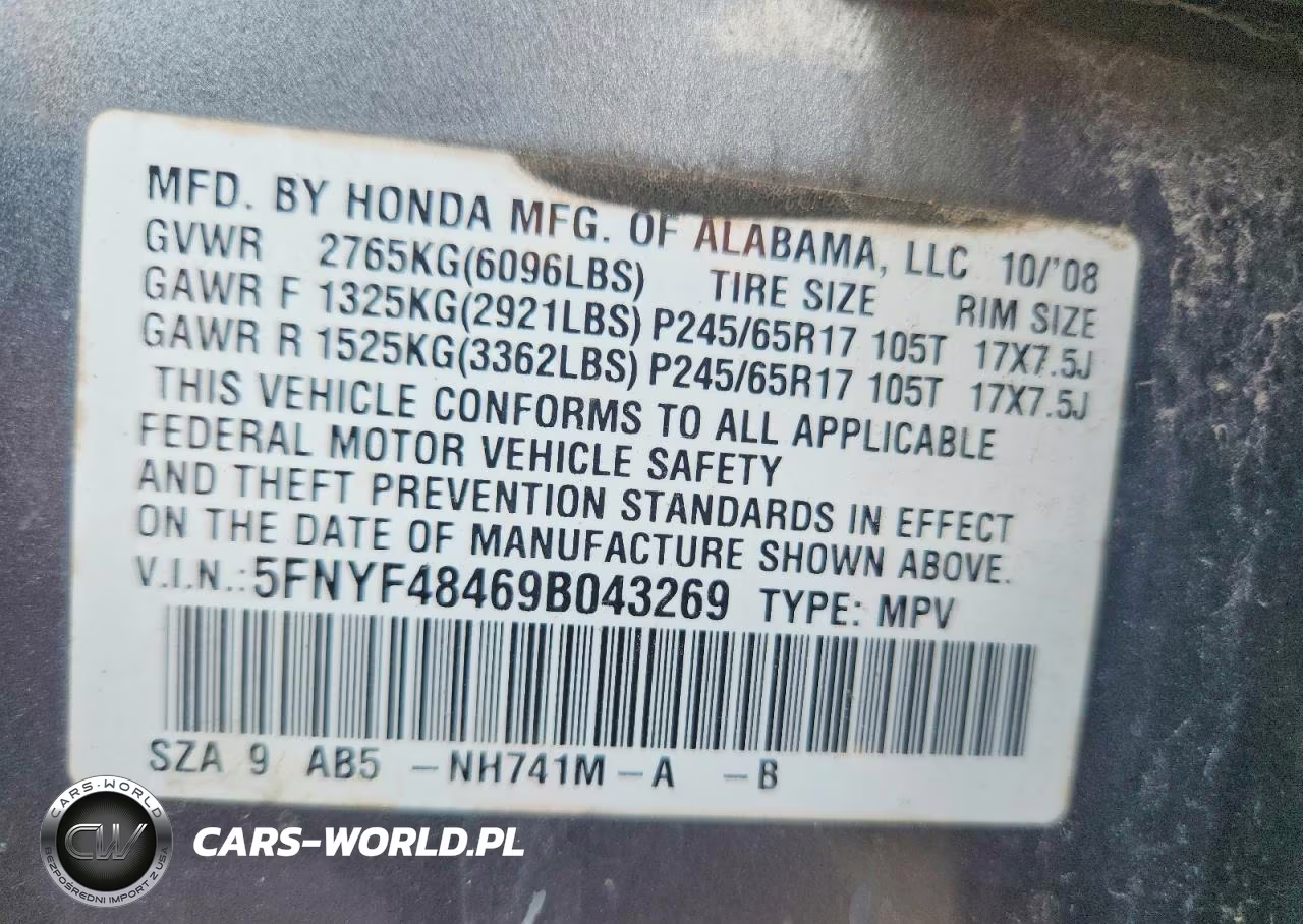 2009 Honda Pilot Ex VIN:5FNYF48469B043269 - 13