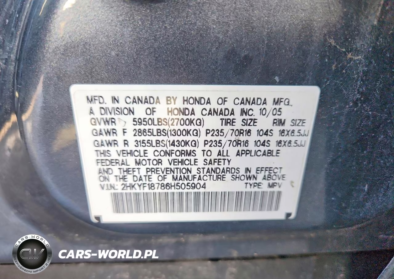 2006 Honda Pilot Ex VIN:2HKYF18786H505904 - 13