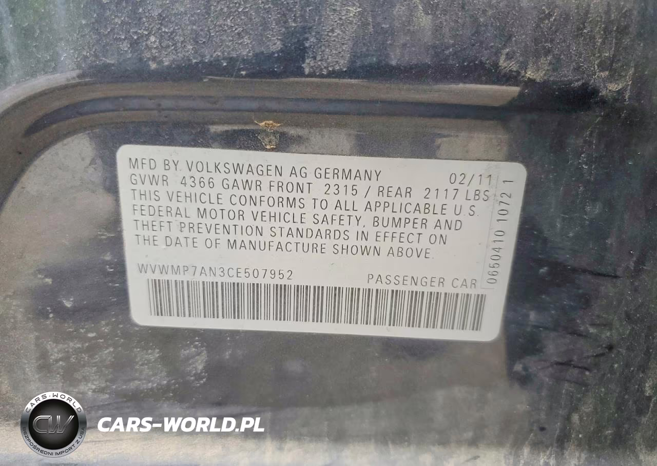 2012 Volkswagen Cc Sport VIN:WVWMP7AN3CE507952 - 12