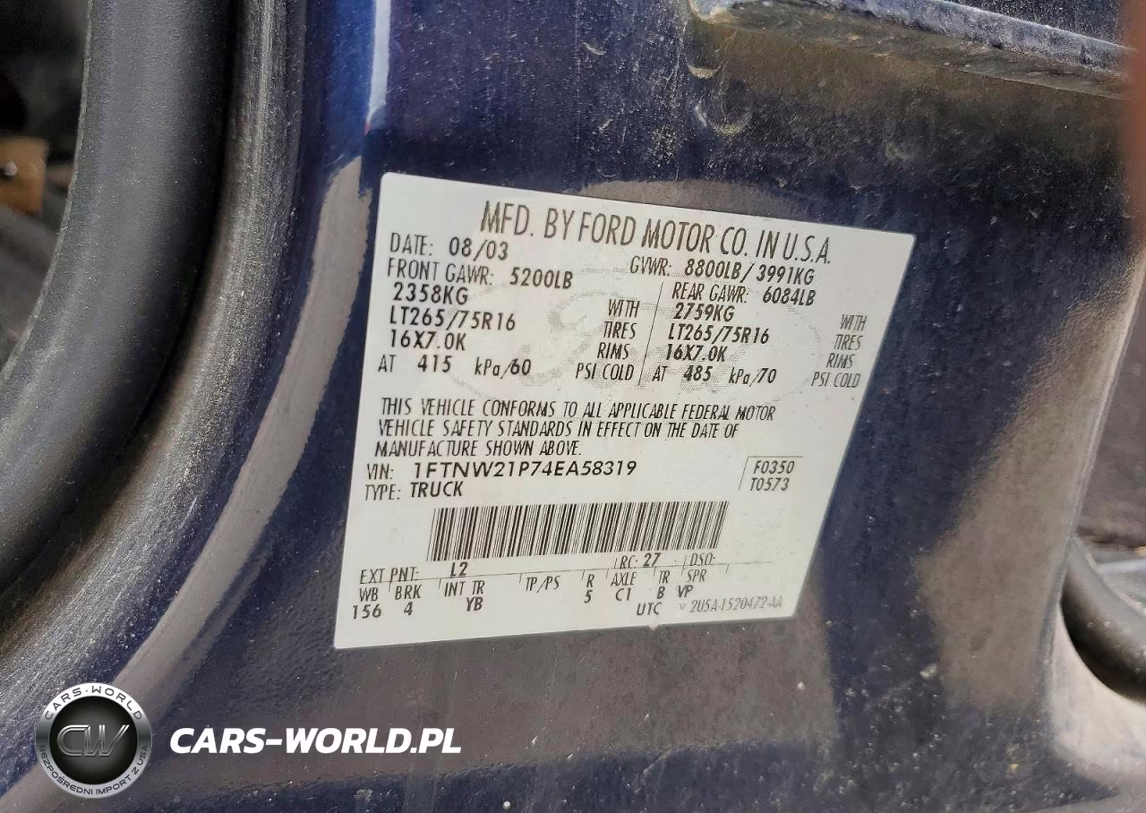 2004 Ford F250 Super Duty VIN:1FTNW21P74EA58319 - 12