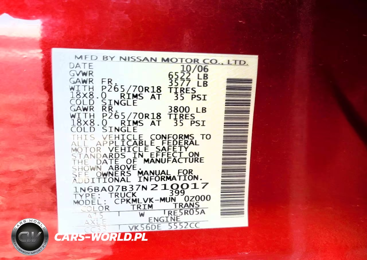 2007 Nissan Titan Xe Ffv VIN:1N6BA07B37N210017 - 12