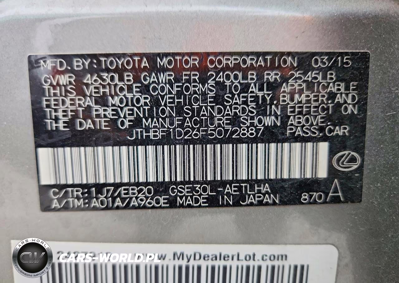 2015 Lexus Is 250 VIN:JTHBF1D26F5072887 - 12