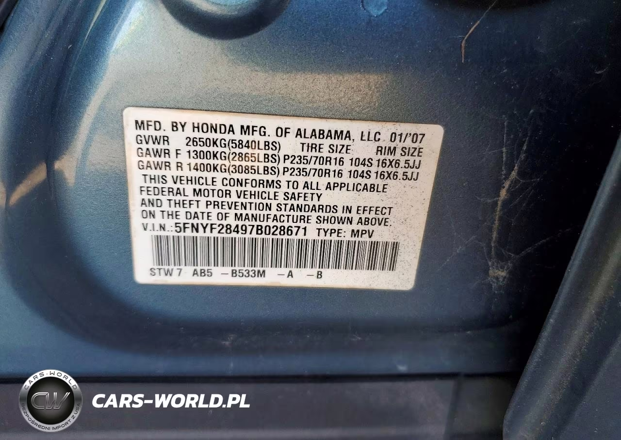 2007 Honda Pilot Ex VIN:5FNYF28497B028671 - 13