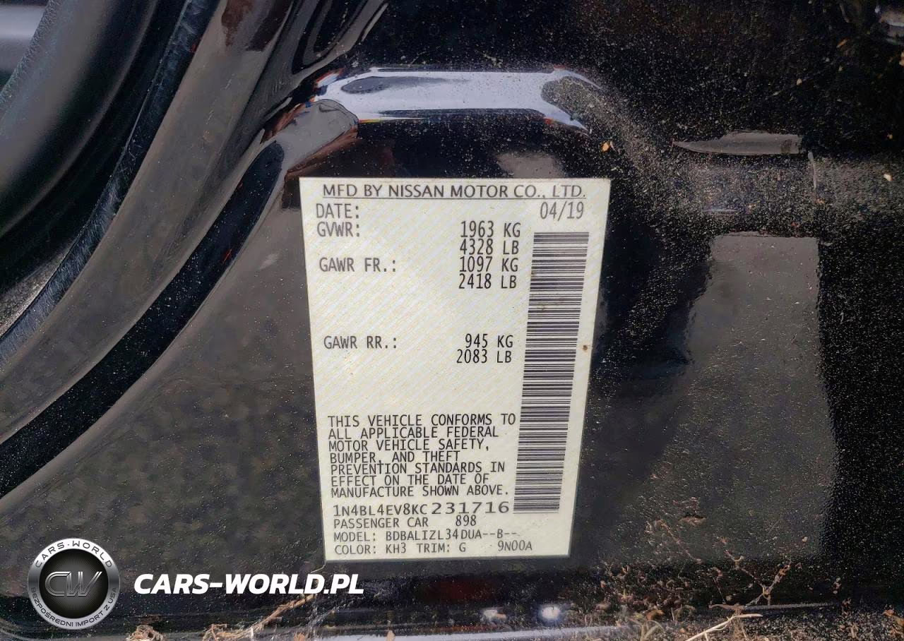 2019 Nissan Altima Sl VIN:1N4BL4EV8KC231716 - 12