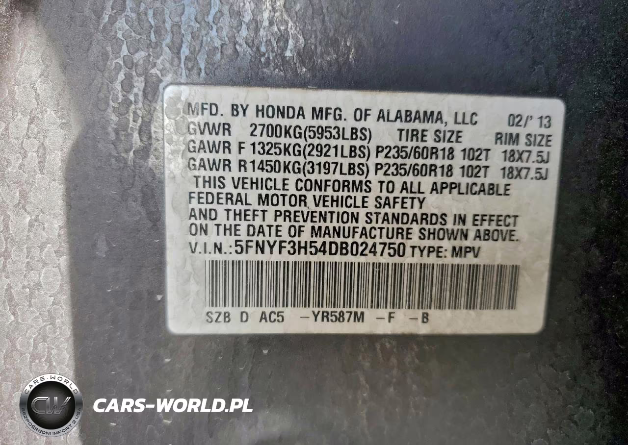 2013 Honda Pilot Ex-L VIN:5FNYF3H54DB024750 - 14