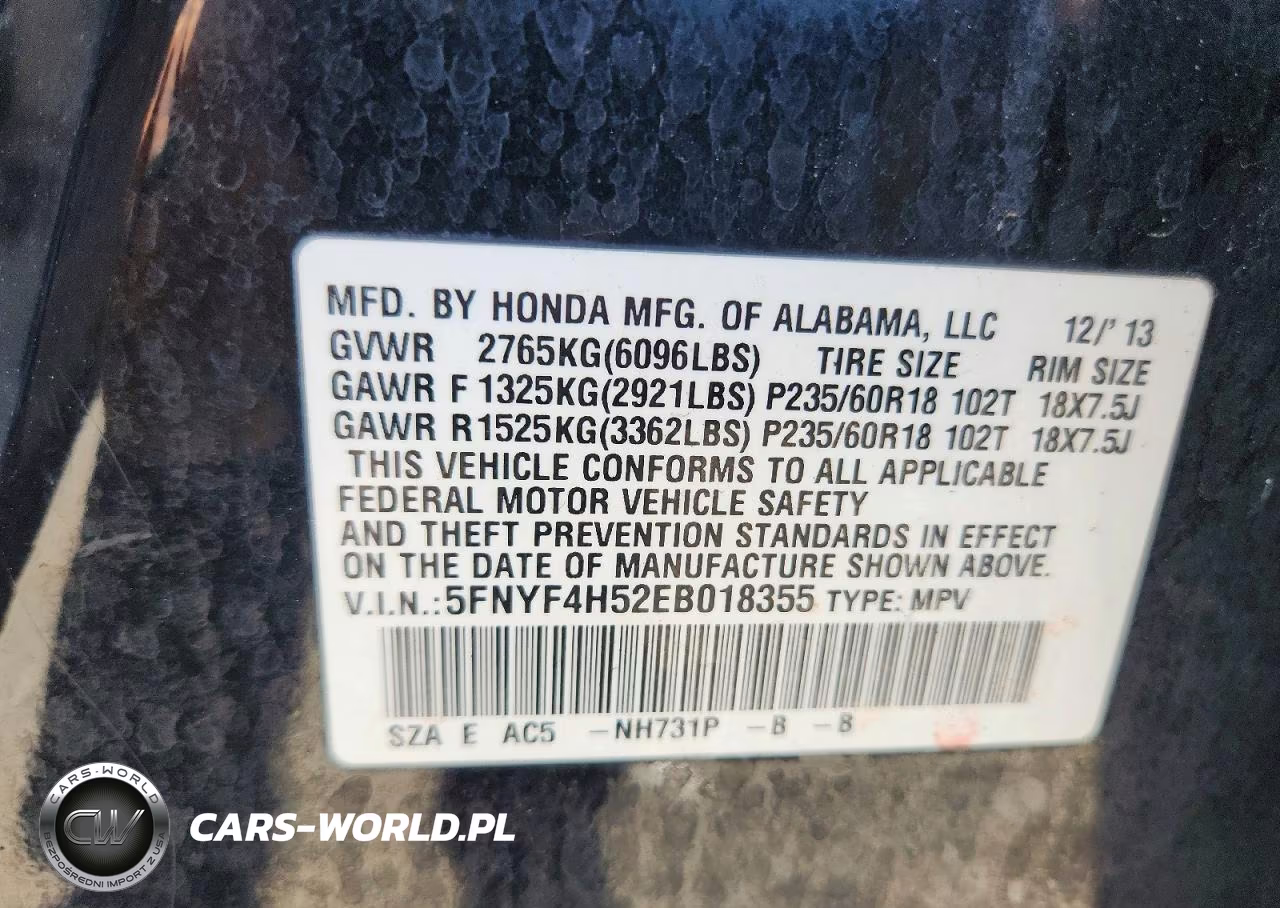 2014 Honda Pilot Exl VIN:5FNYF4H52EB018355 - 14