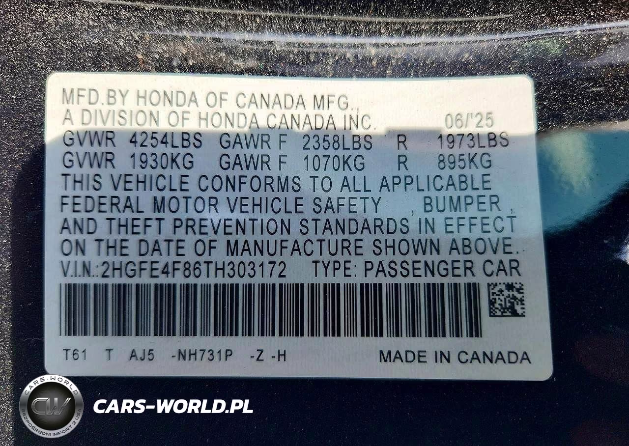 2026 Honda Civic Sport VIN:2HGFE4F86TH303172 - 11