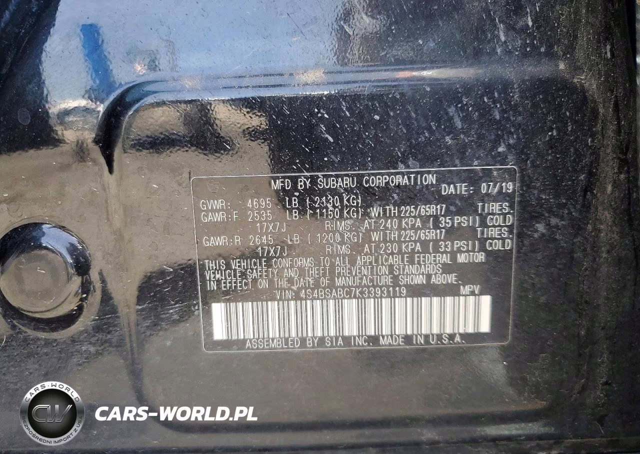 2019 Subaru Outback 2.5I VIN:4S4BSABC7K3393119 - 12
