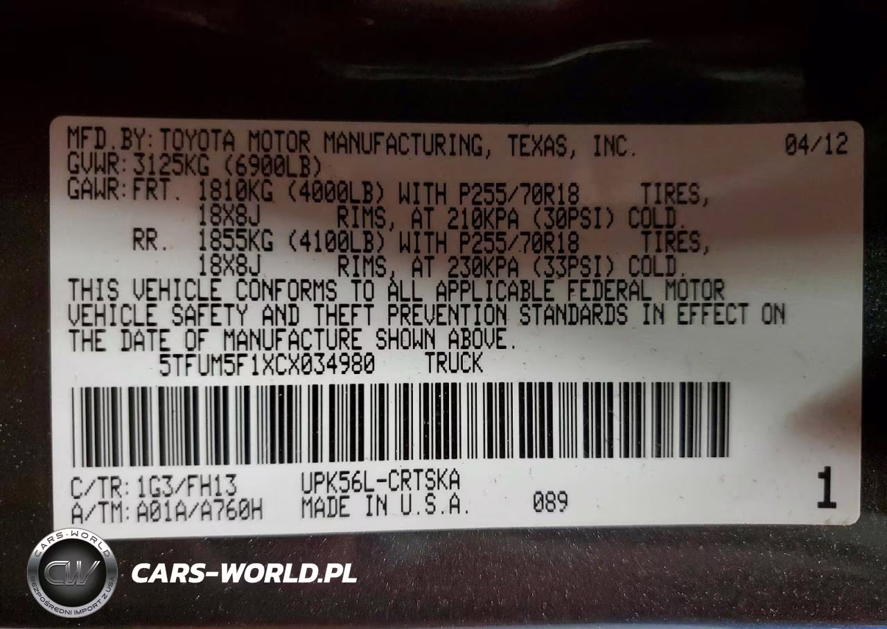 2012 Toyota Tundra Double Cab Sr5 VIN:5TFUM5F1XCX034980 - 12
