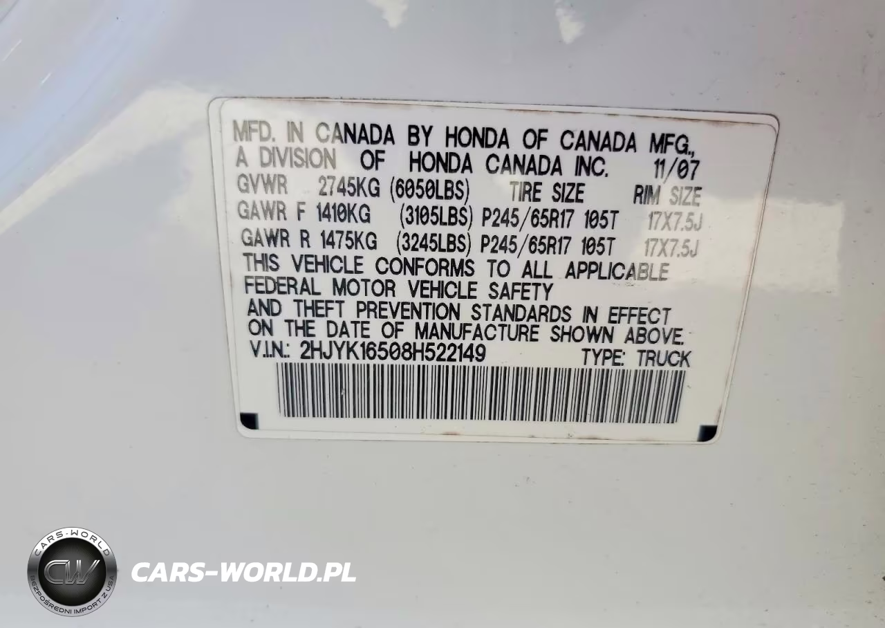 2008 Honda Ridgeline Rtl VIN:2HJYK16508H522149 - 12