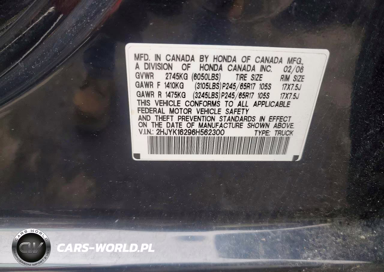 2006 Honda Ridgeline Rt VIN:2HJYK16296H562300 - 12