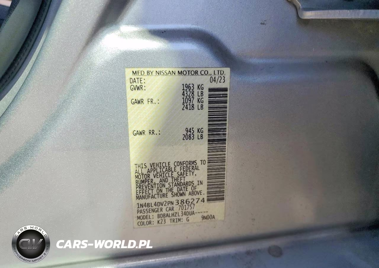 2023 Nissan Altima Sv VIN:1N4BL4DV2PN386274 - 12