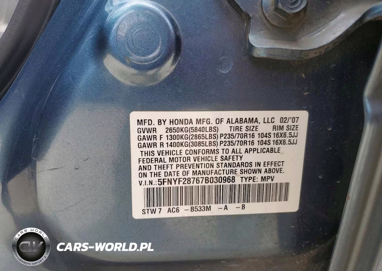 2007 Honda Pilot Exl VIN:5FNYF28767B030968 - 13