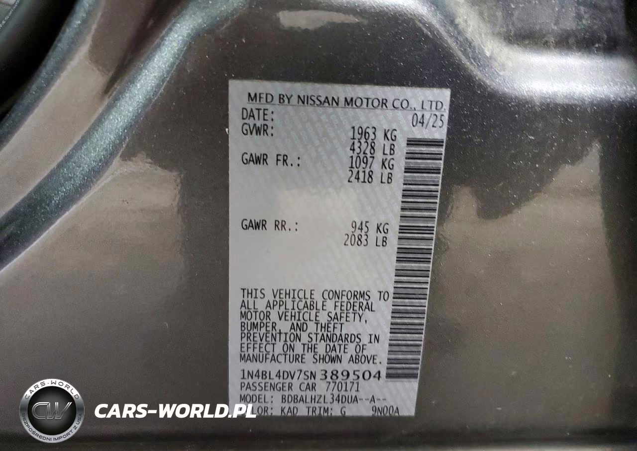 2025 Nissan Altima Sv VIN:1N4BL4DV7SN389504 - 13