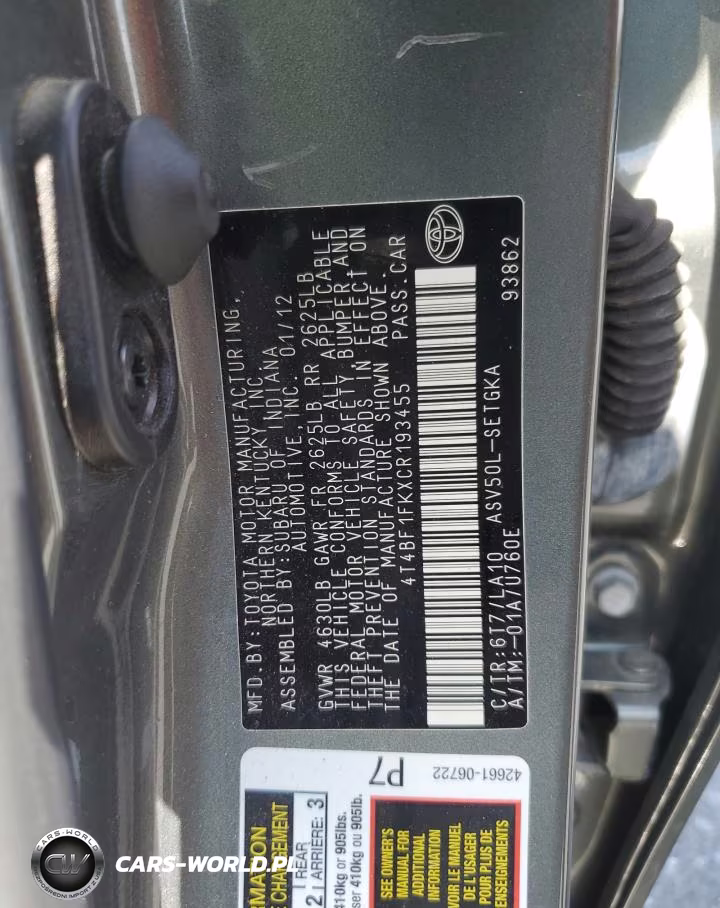2012 Toyota Camry VIN:4T4BF1FKXCR193455 - 12
