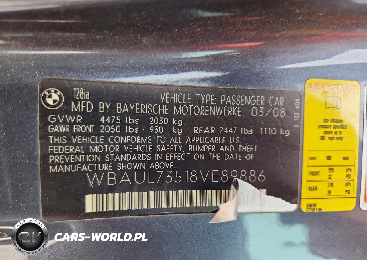 2008 BMW 128 I VIN:WBAUL73518VE89886 - 12
