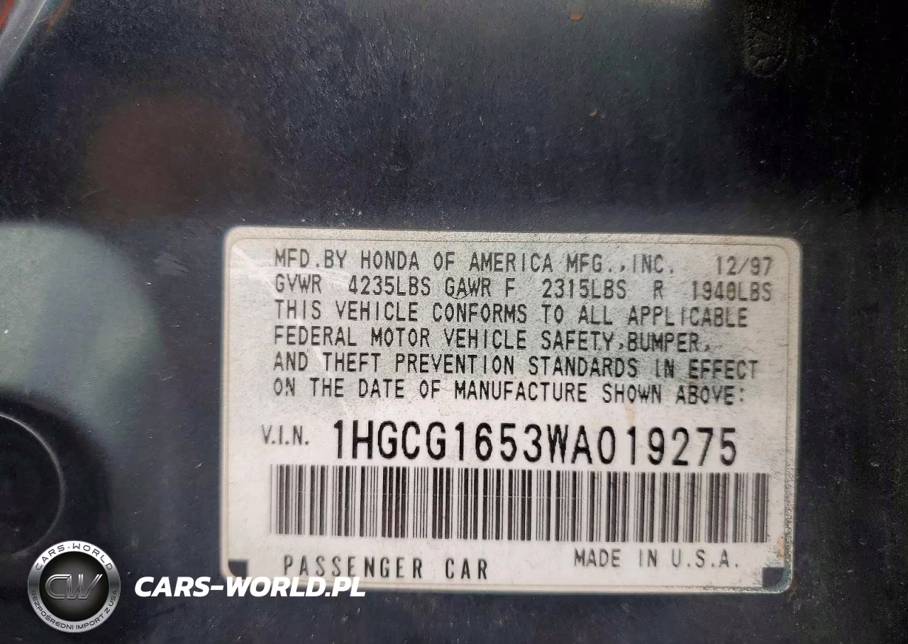 1998 Honda Accord Ex VIN:1HGCG1653WA019275 - 12