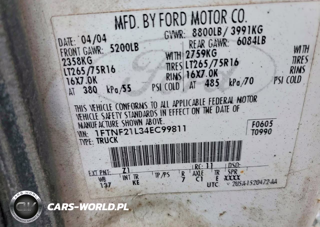 2004 Ford F250 Super Duty VIN:1FTNF21L34EC99811 - 12