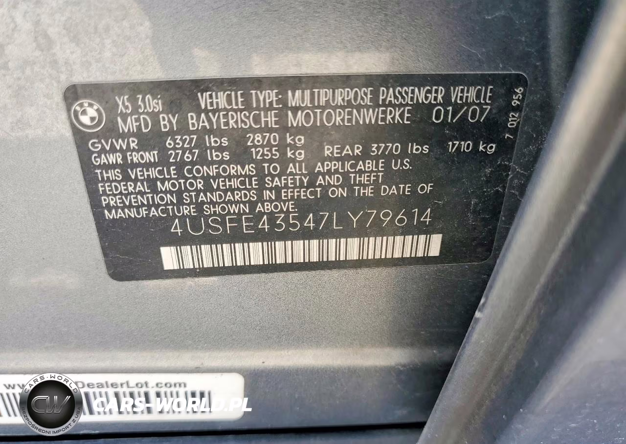 2007 BMW X5 3.0I VIN:4USFE43547LY79614 - 14