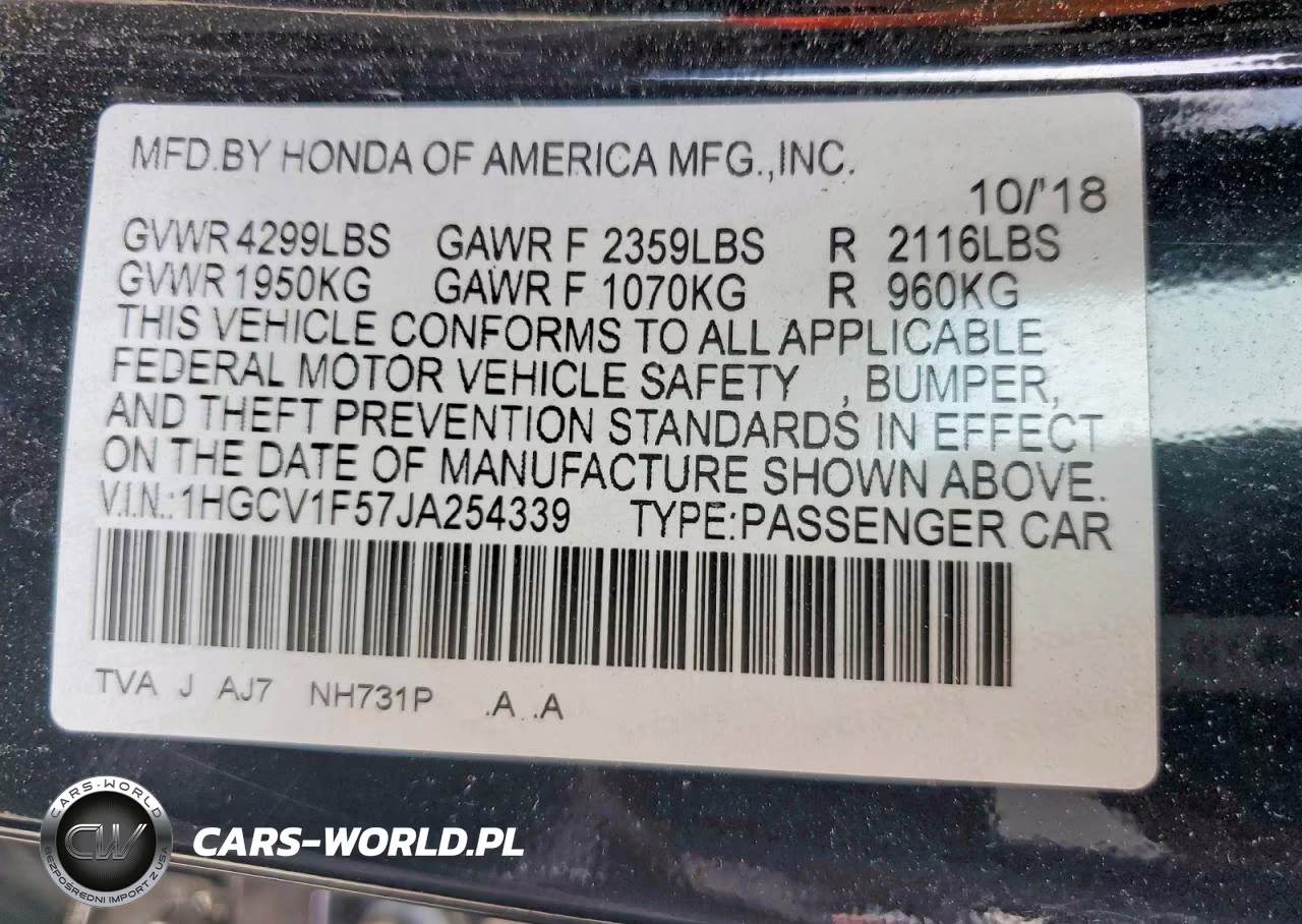 2018 Honda Accord Exl VIN:1HGCV1F57JA254339 - 12