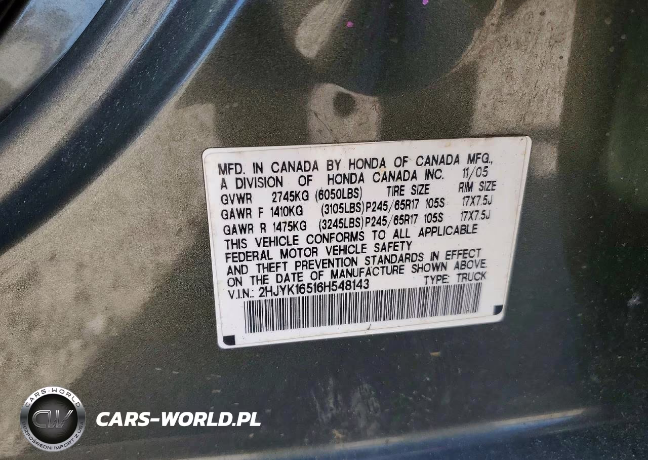 2006 Honda Ridgeline Rtl VIN:2HJYK16516H548143 - 12