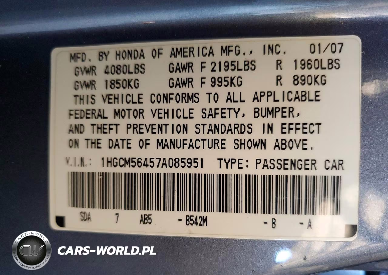 2007 Honda Accord Lx VIN:1HGCM56457A085951 - 12