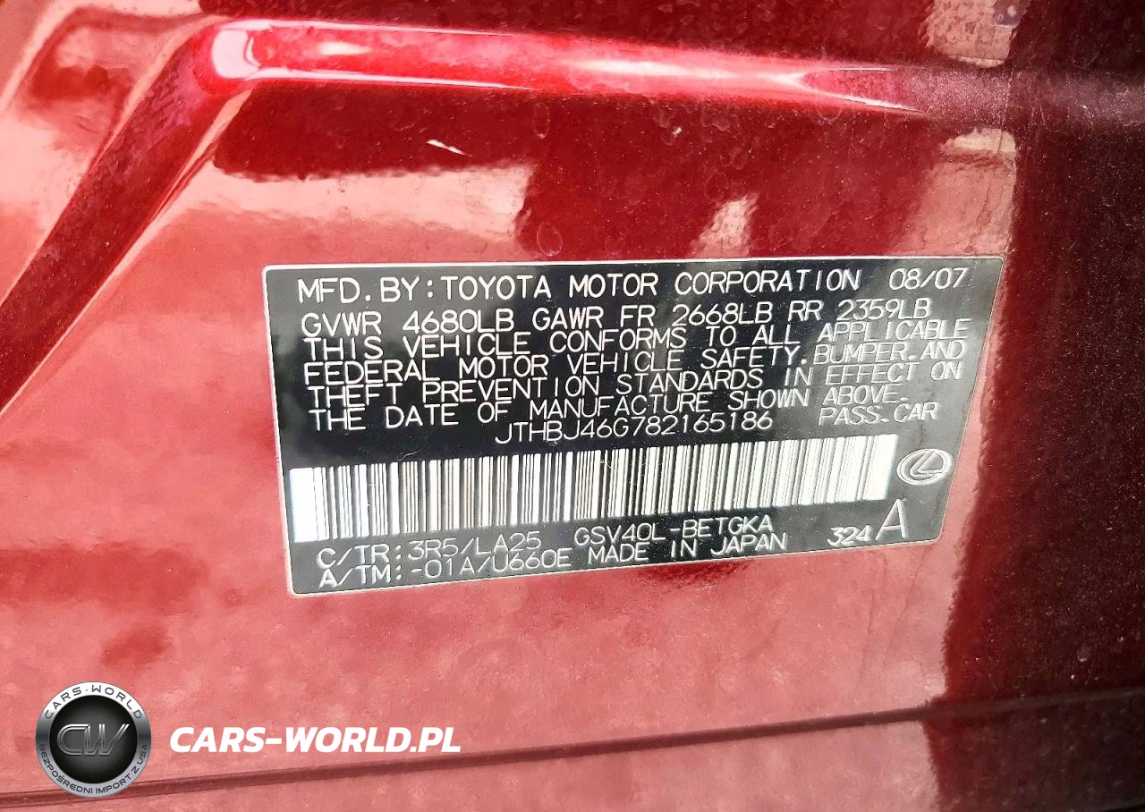 2008 Lexus Es 350 VIN:JTHBJ46G782165186 - 12