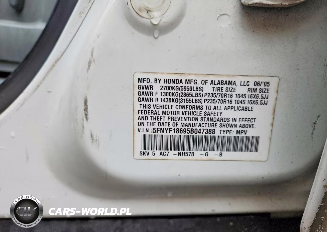 2005 Honda Pilot Exl VIN:5FNYF18695B047388 - 12