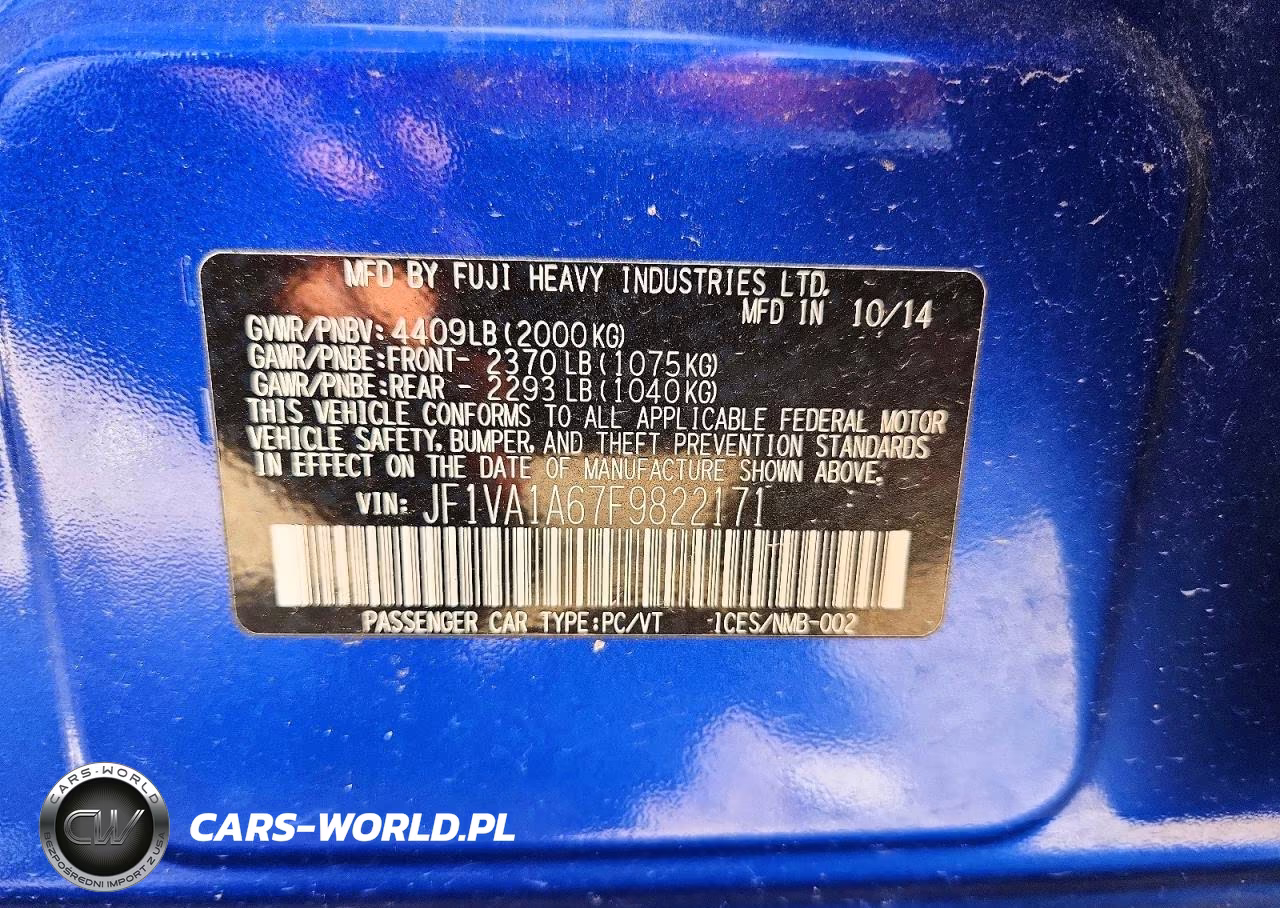 2015 Subaru Wrx VIN:JF1VA1A67F9822171 - 12