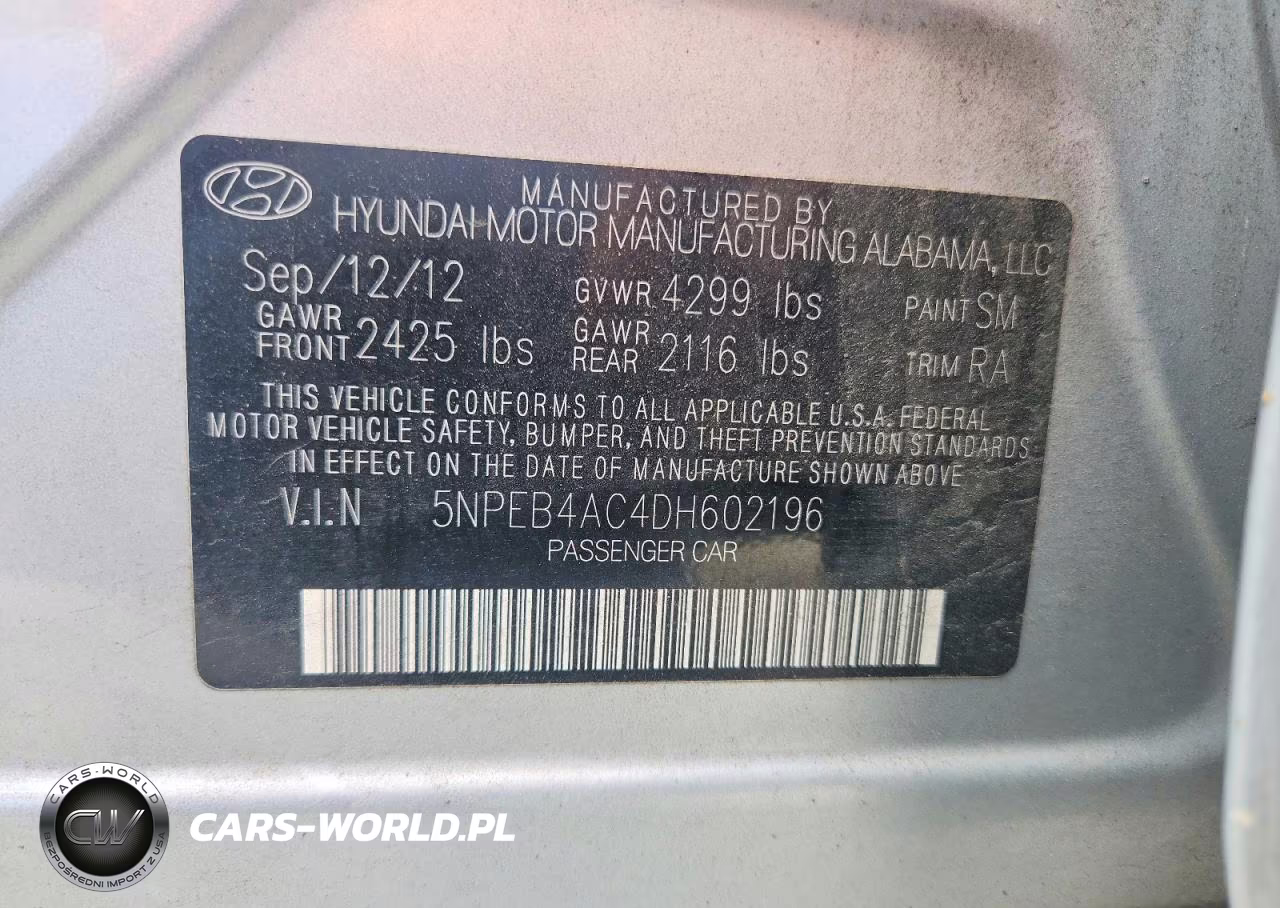 2013 Hyundai Sonata Gls VIN:5NPEB4AC4DH602196 - 12