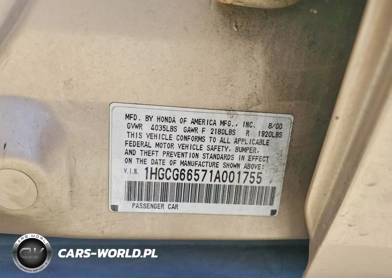 2001 Honda Accord Lx VIN:1HGCG66571A001755 - 12