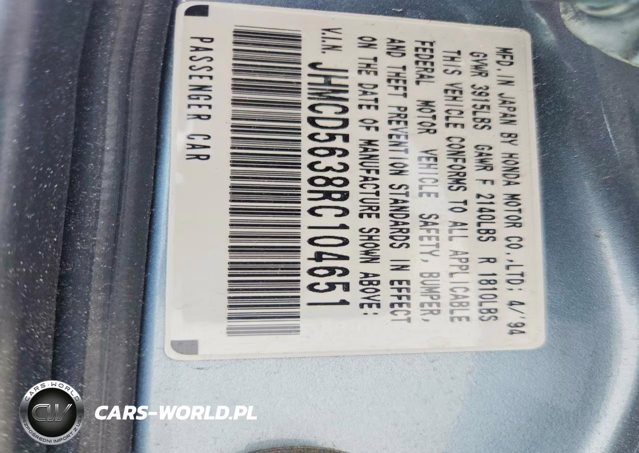 1994 Honda Accord Lx VIN:JHMCD5638RC104651 - 12
