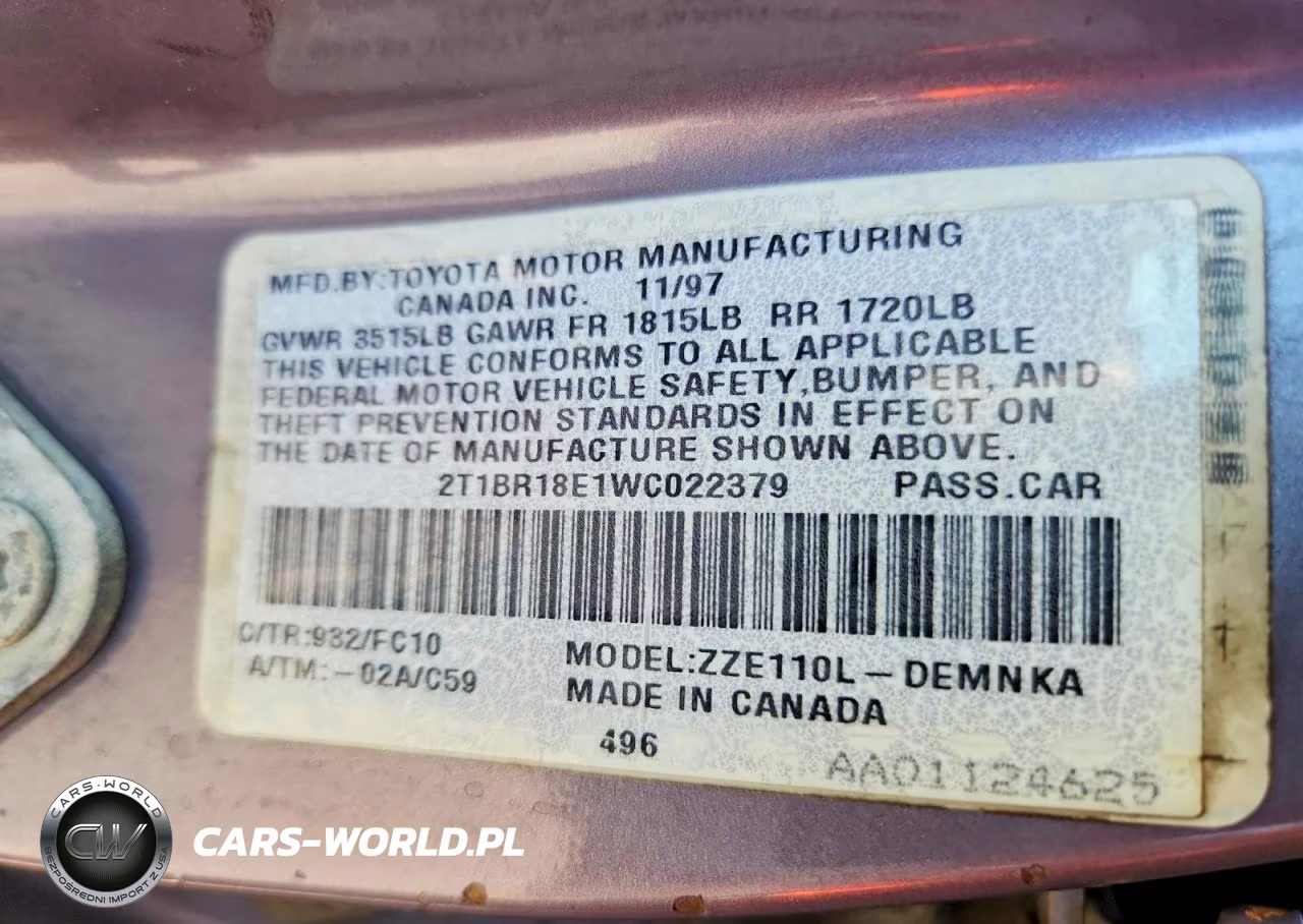 1998 Toyota Corolla Ve VIN:2T1BR18E1WC022379 - 12