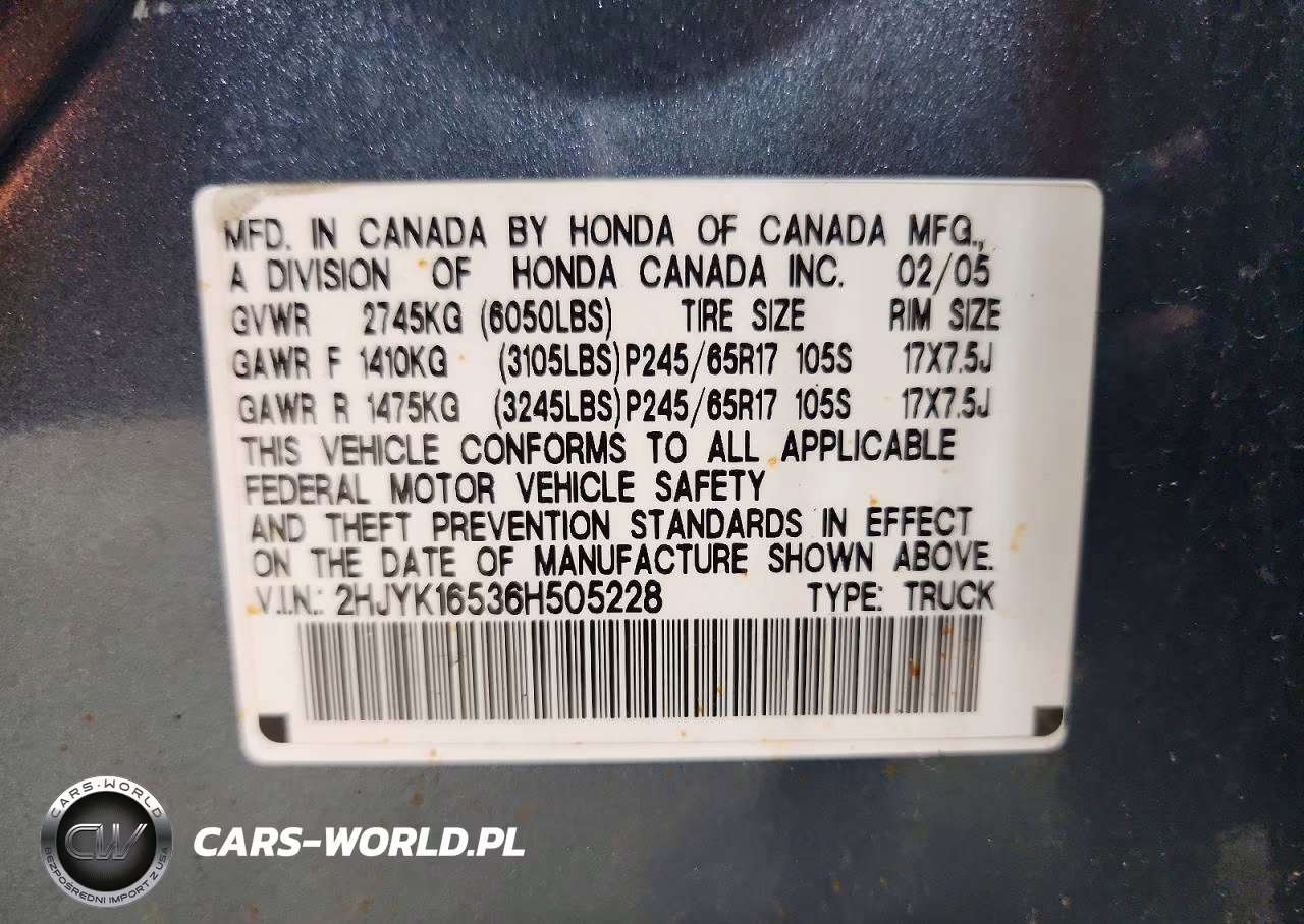 2006 Honda Ridgeline Rtl VIN:2HJYK16536H505228 - 12