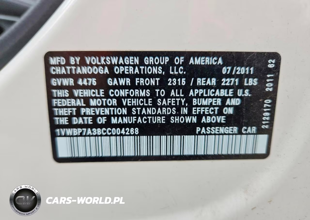 2012 Volkswagen Passat Se VIN:1VWBP7A38CC004268 - 12