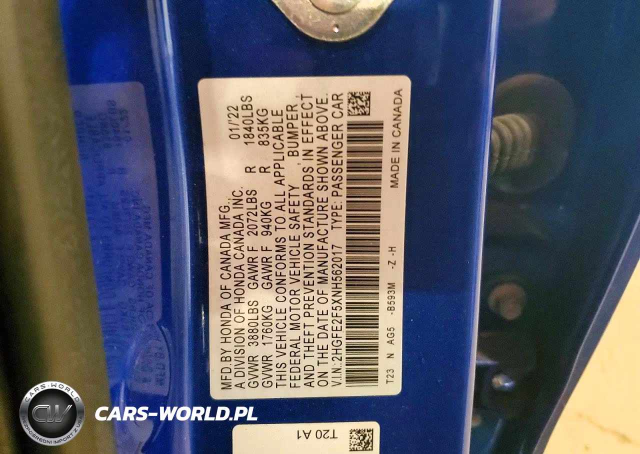 2022 Honda Civic Sport VIN:2HGFE2F5XNH562017 - 12