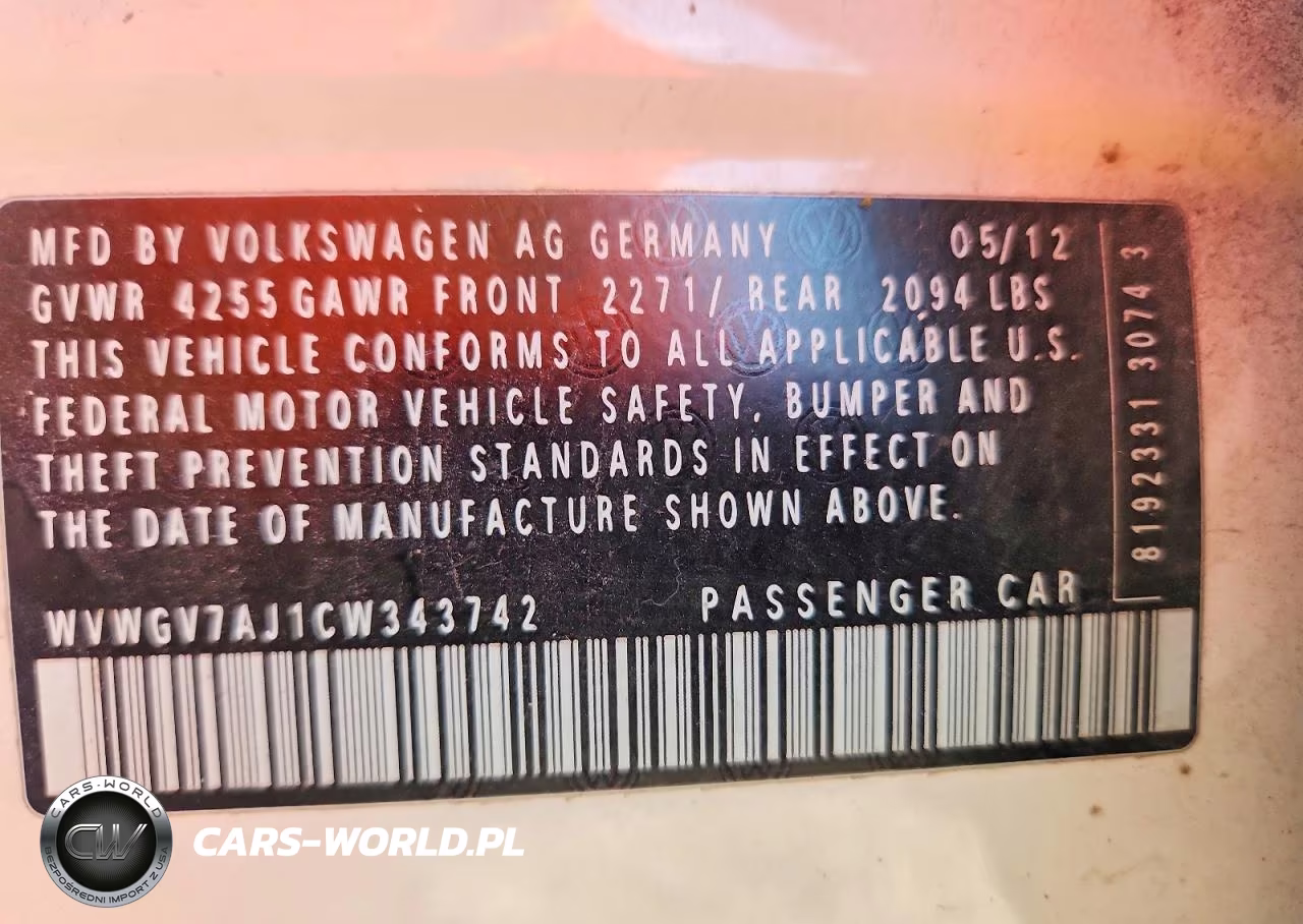 2012 Volkswagen Gti VIN:WVWGV7AJ1CW343742 - 12