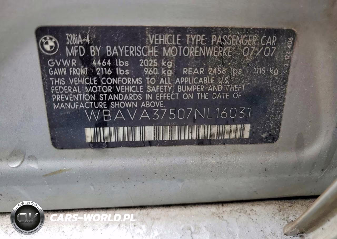 2007 BMW 328 I VIN:WBAVA37507NL16031 - 12