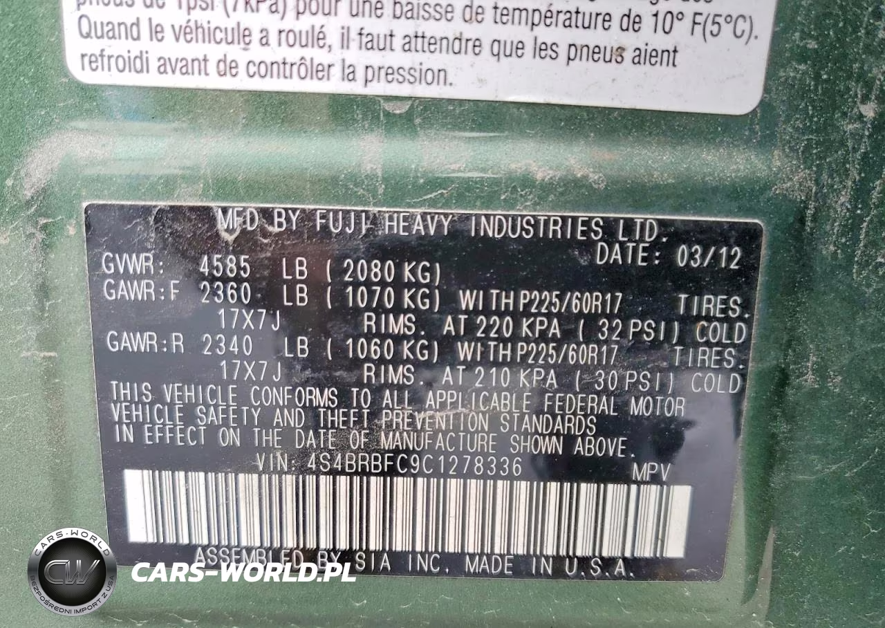 2012 Subaru Outback 2.5I Premium VIN:4S4BRBFC9C1278336 - 14