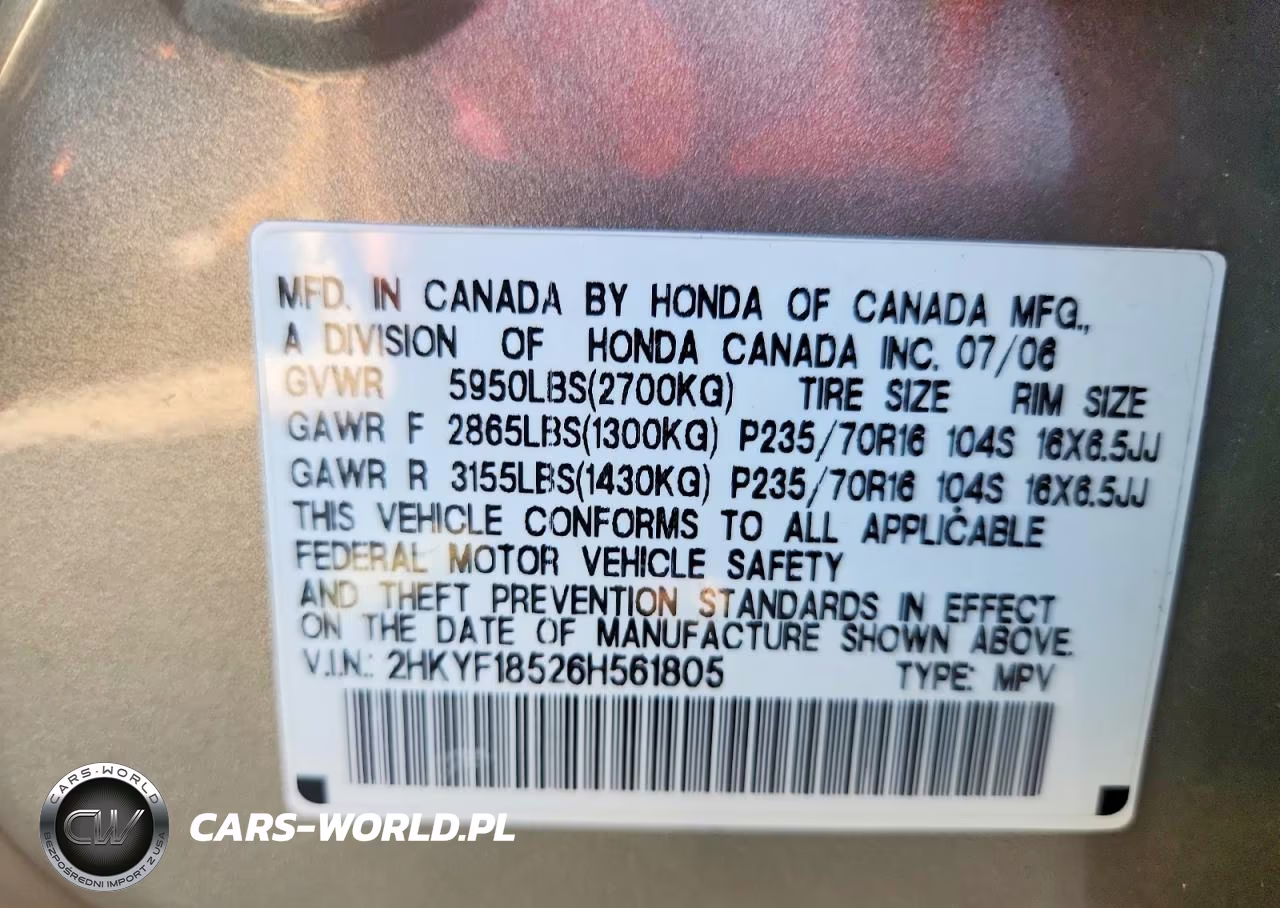 2006 Honda Pilot Ex VIN:2HKYF18526H561805 - 13