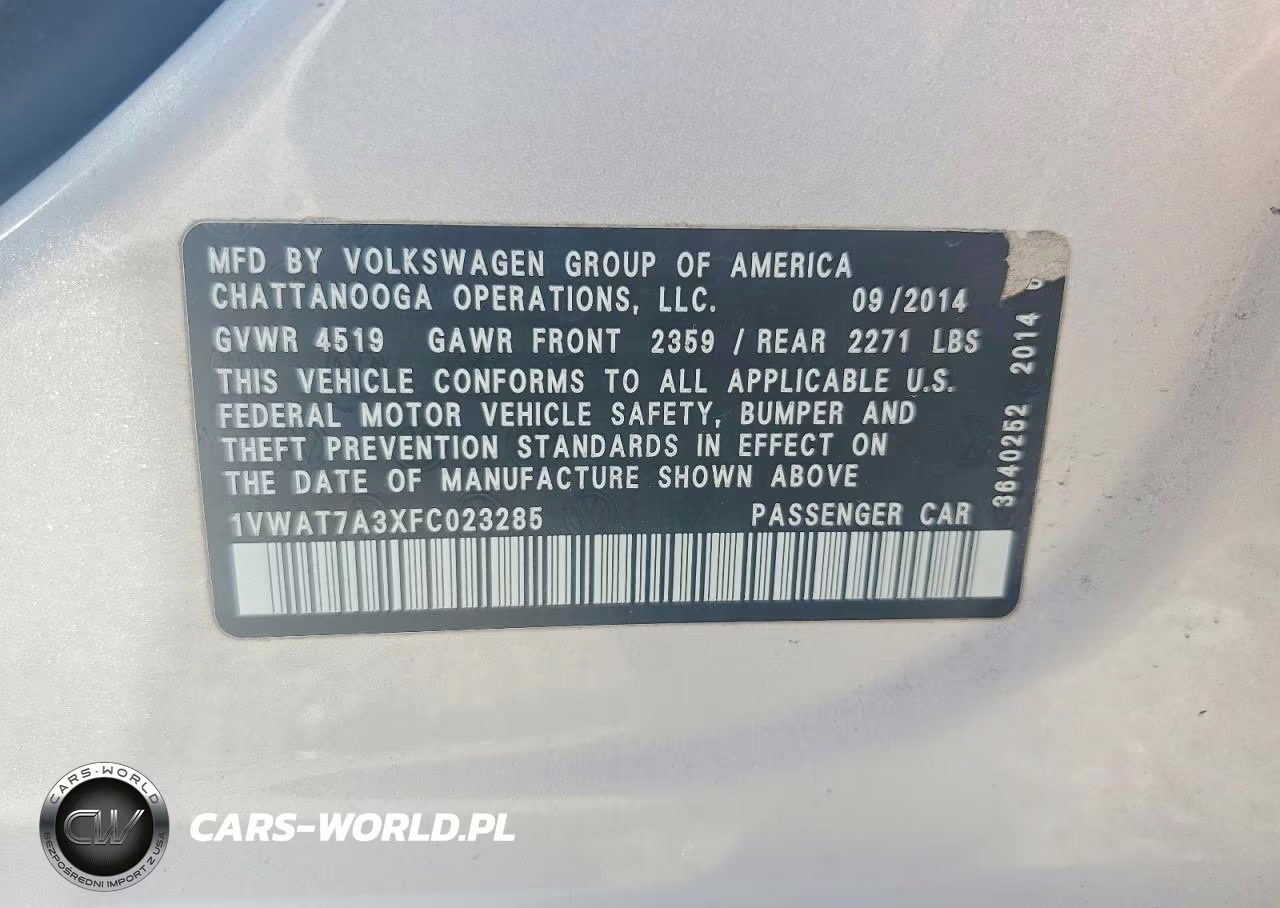 2015 Volkswagen Passat S VIN:1VWAT7A3XFC023285 - 12