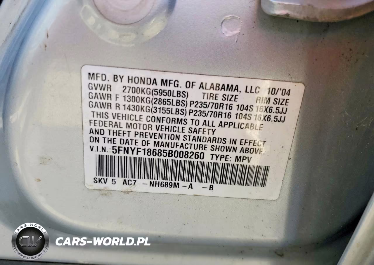 2005 Honda Pilot Exl VIN:5FNYF18685B008260 - 13